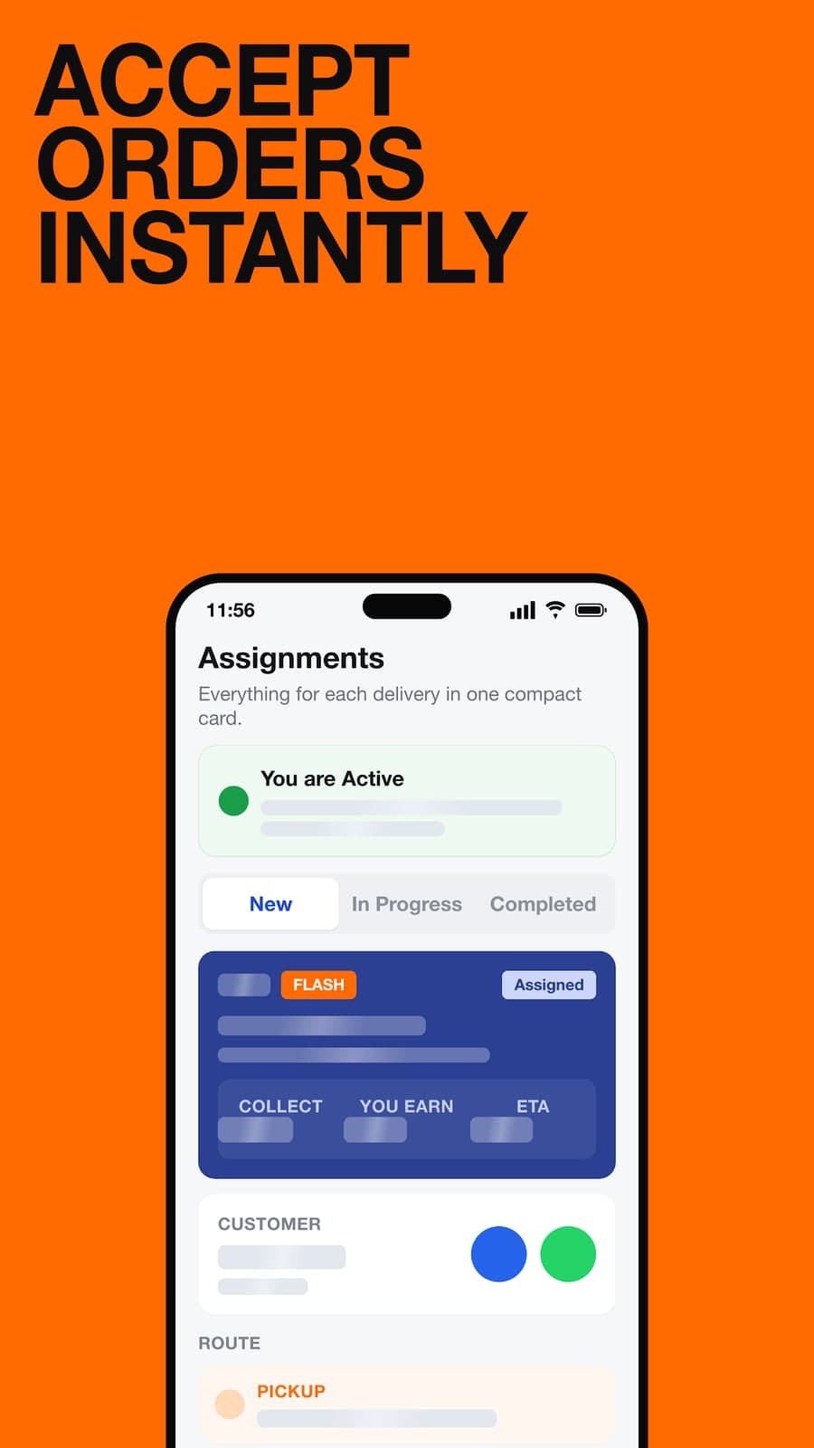Accept orders instantly: new assignments with collect, earnings and ETA