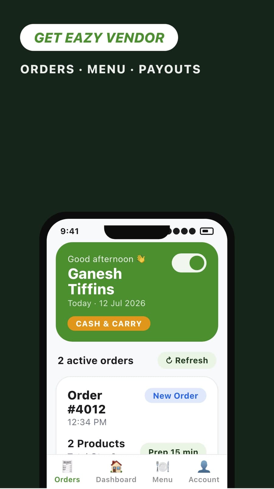 Get Eazy Vendor: orders, menu, payouts. The orders screen with the store open