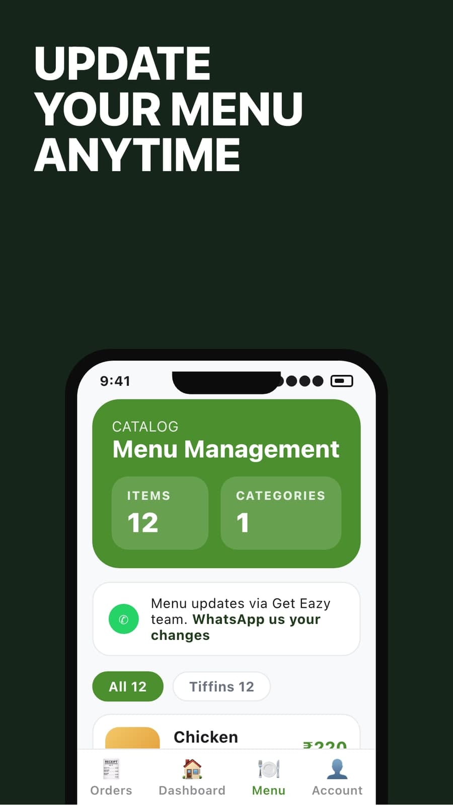 Update your menu anytime: menu management with items and categories