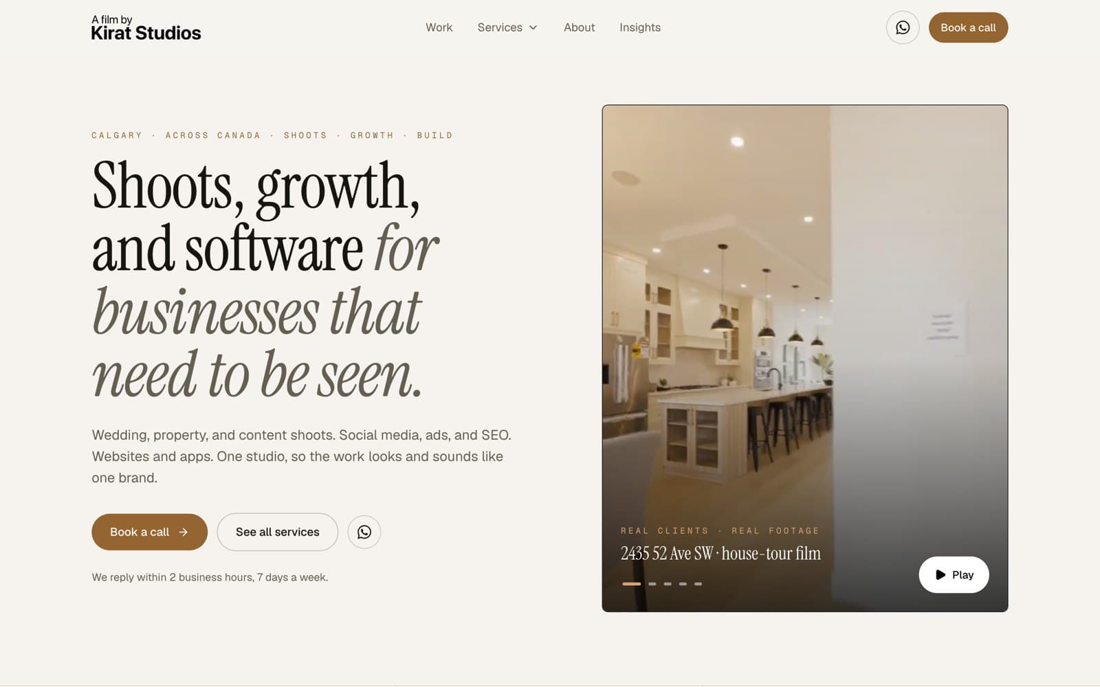 Kirat Studios home page with the headline and a house-tour film
