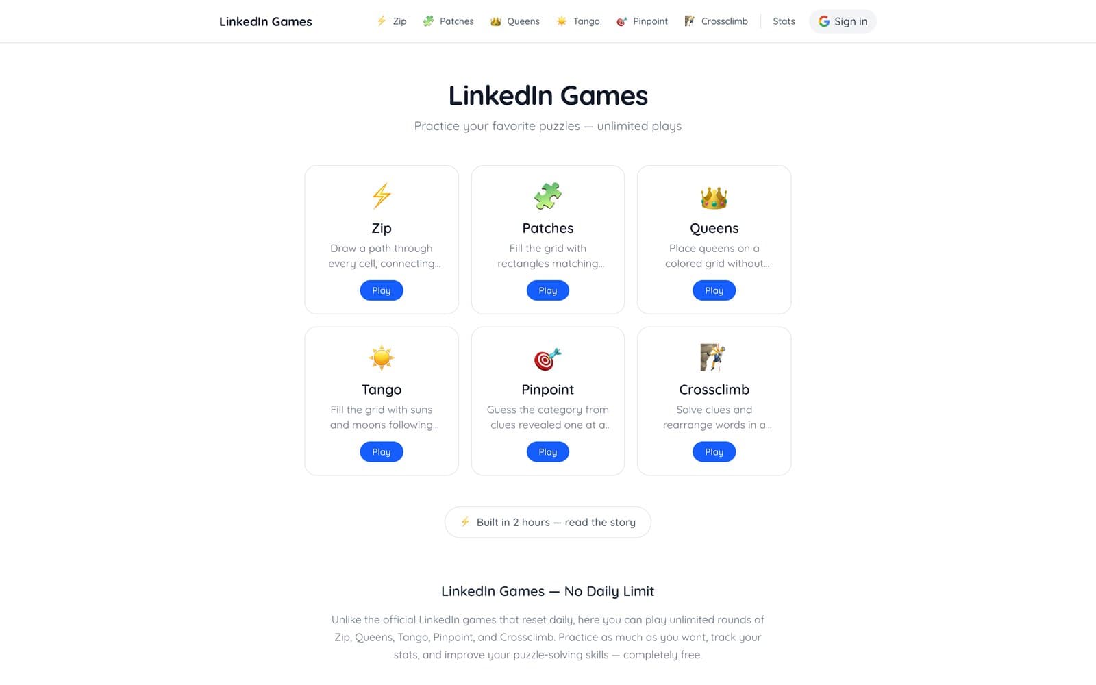 LinkedIn Games home page with the six puzzles