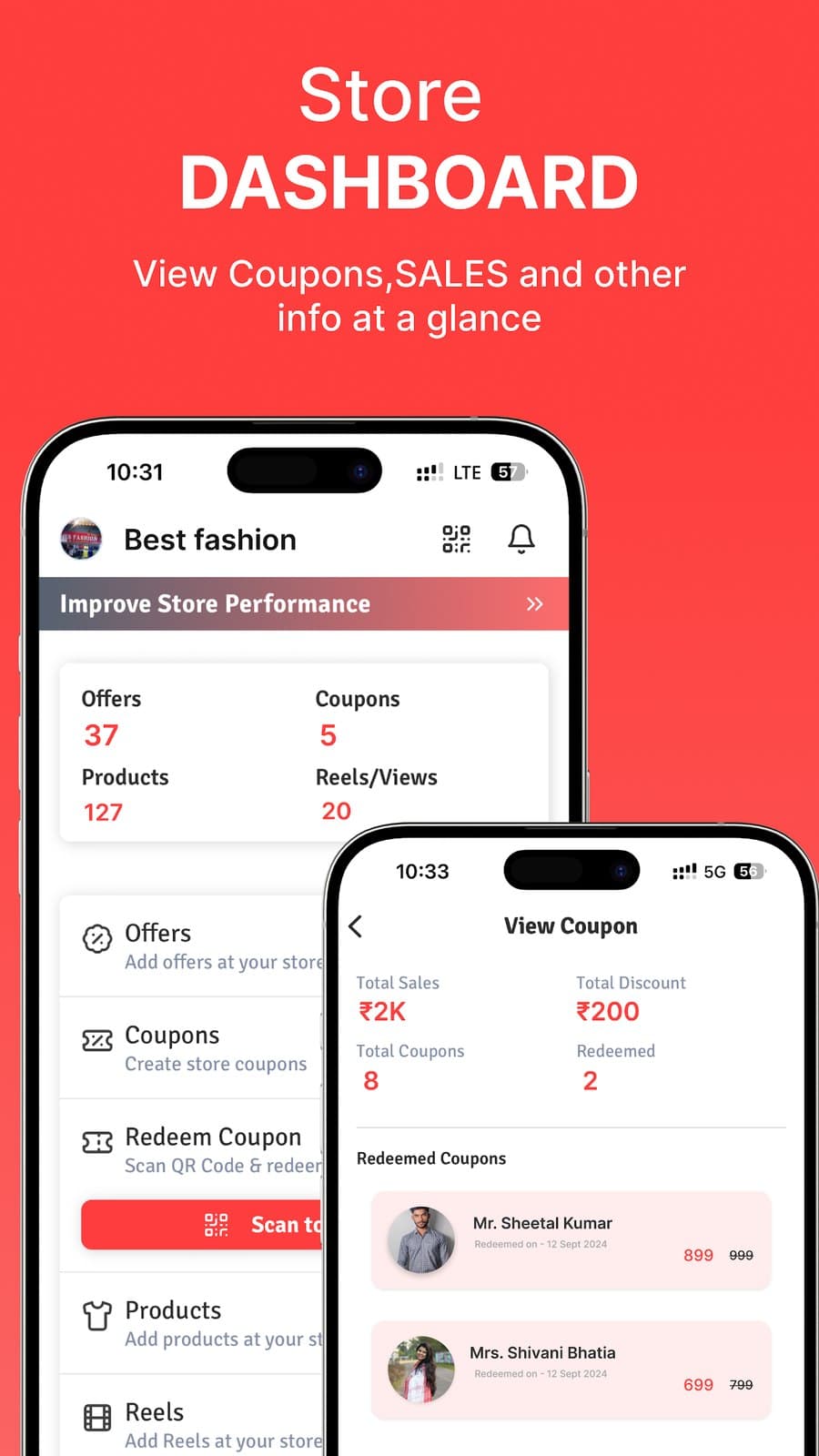 Store dashboard: offers, coupons, products and reels at a glance, with redeemed coupons