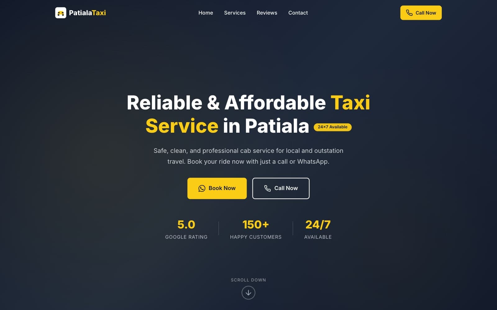 Patiala Taxi Service home page with the headline and the Book Now and Call Now buttons