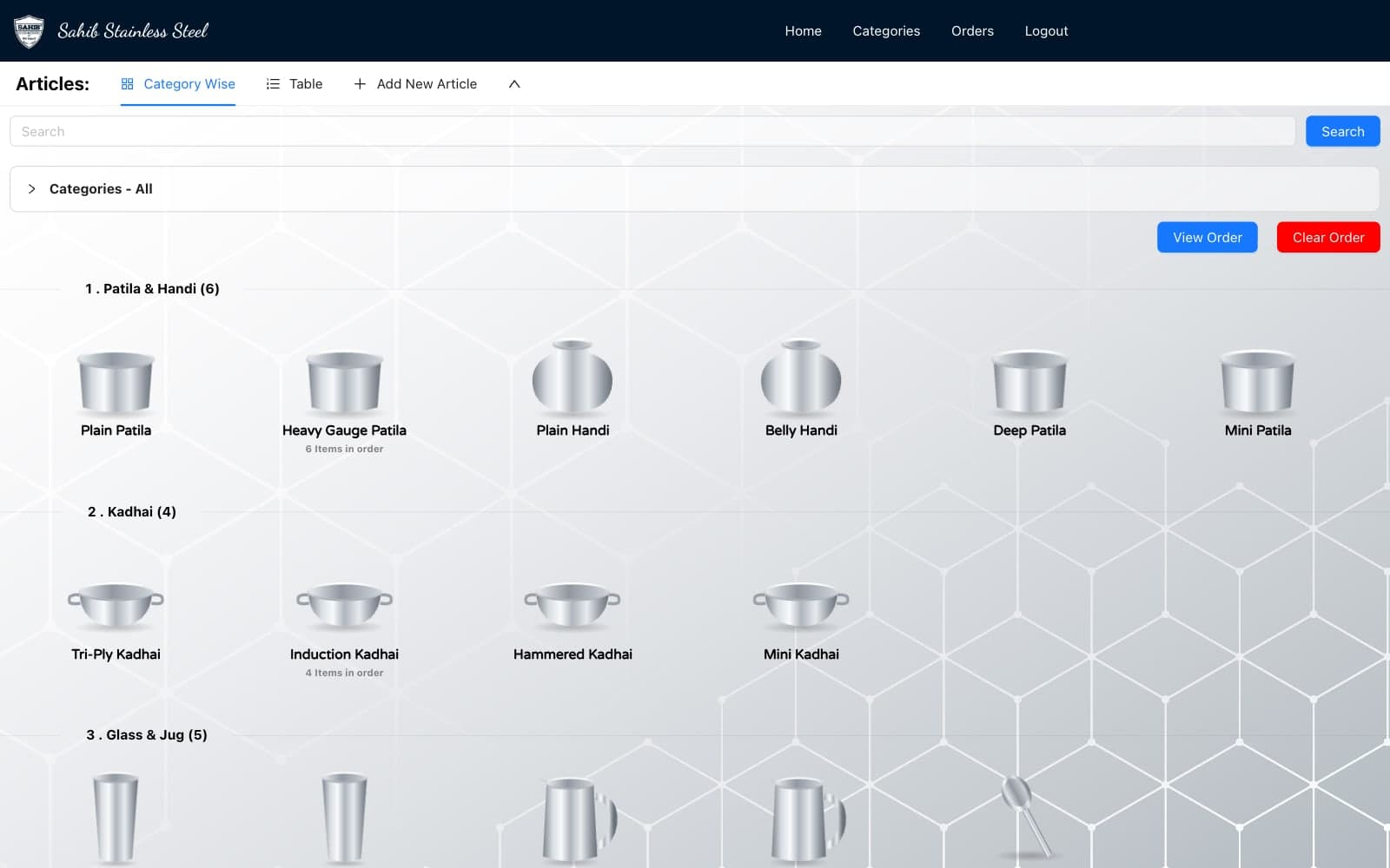 Sahib Stainless Steel catalogue on desktop: articles grouped by category with search, a category filter and an order in progress. The app run locally with sample products and illustrations.