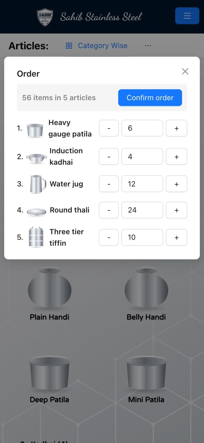 The order sheet on a phone: five articles with quantity controls and a Confirm order button. The app run locally with sample products.