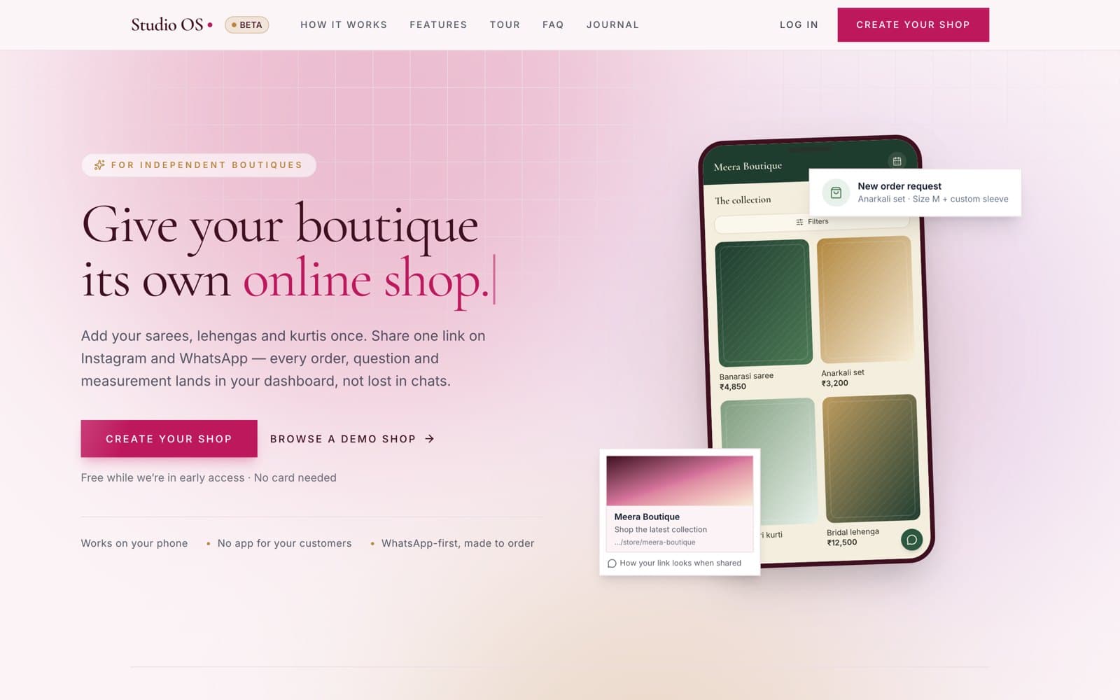 Studio OS home page: give your boutique its own online shop