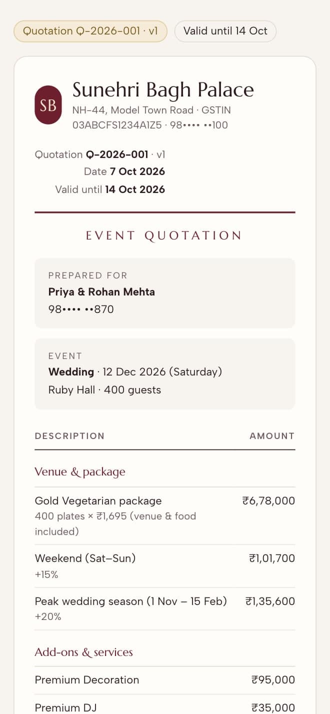 The customer's quotation page on a phone with event details and itemised lines, from a fictional venue. Screenshot of the app running with sample data.