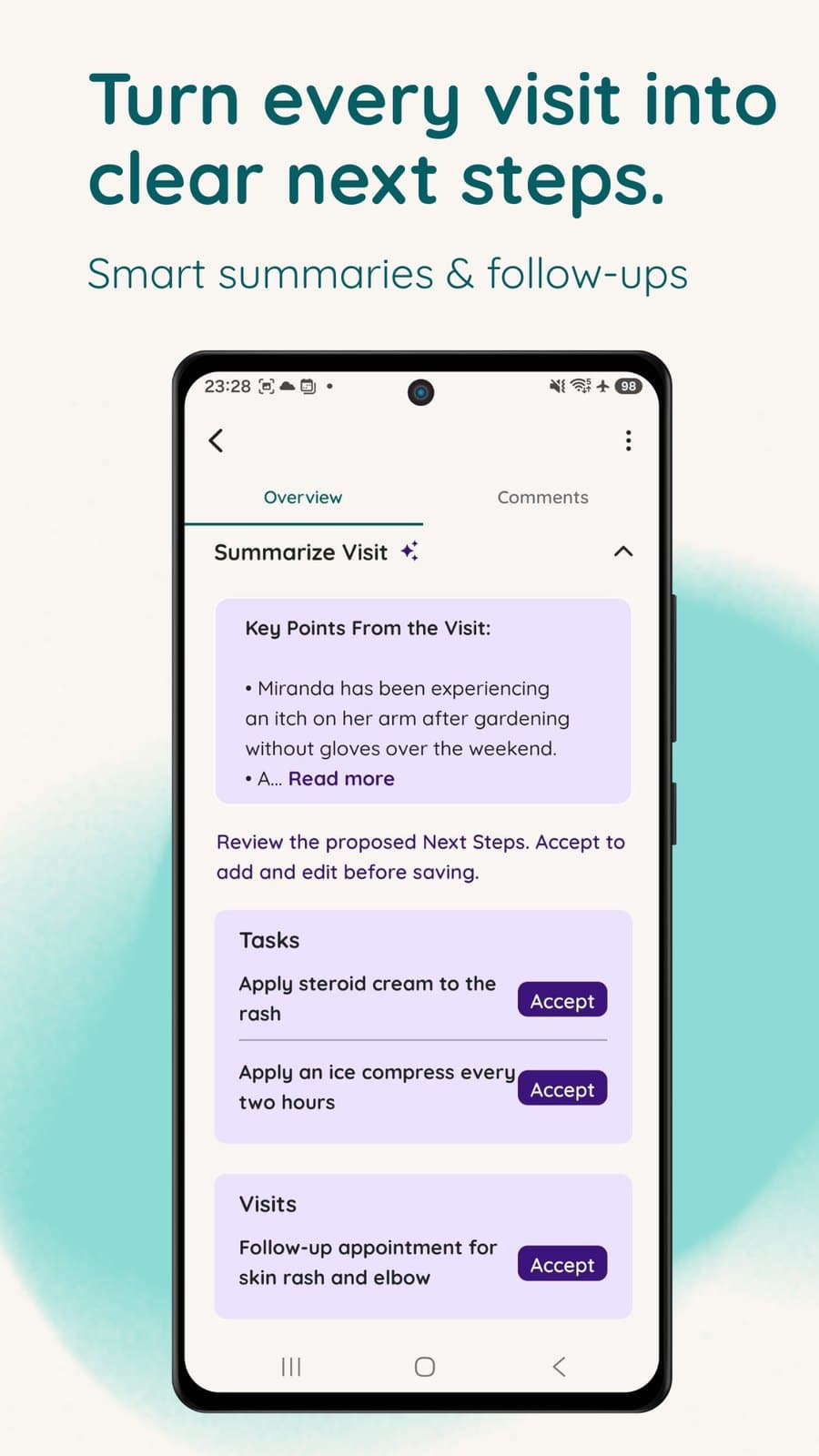 Turn every visit into clear next steps: a visit summary with tasks to accept