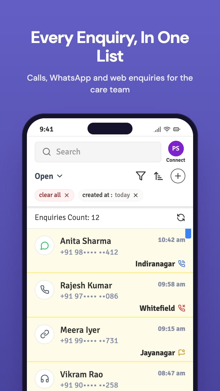 Helpee CRM enquiries list, recreated from the app's code with sample data