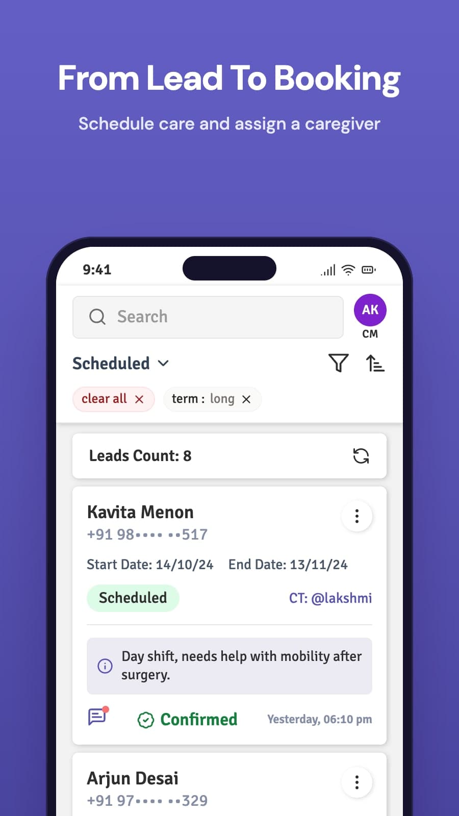 Helpee CRM leads with start and end dates and the assigned caregiver, recreated from the app's code with sample data