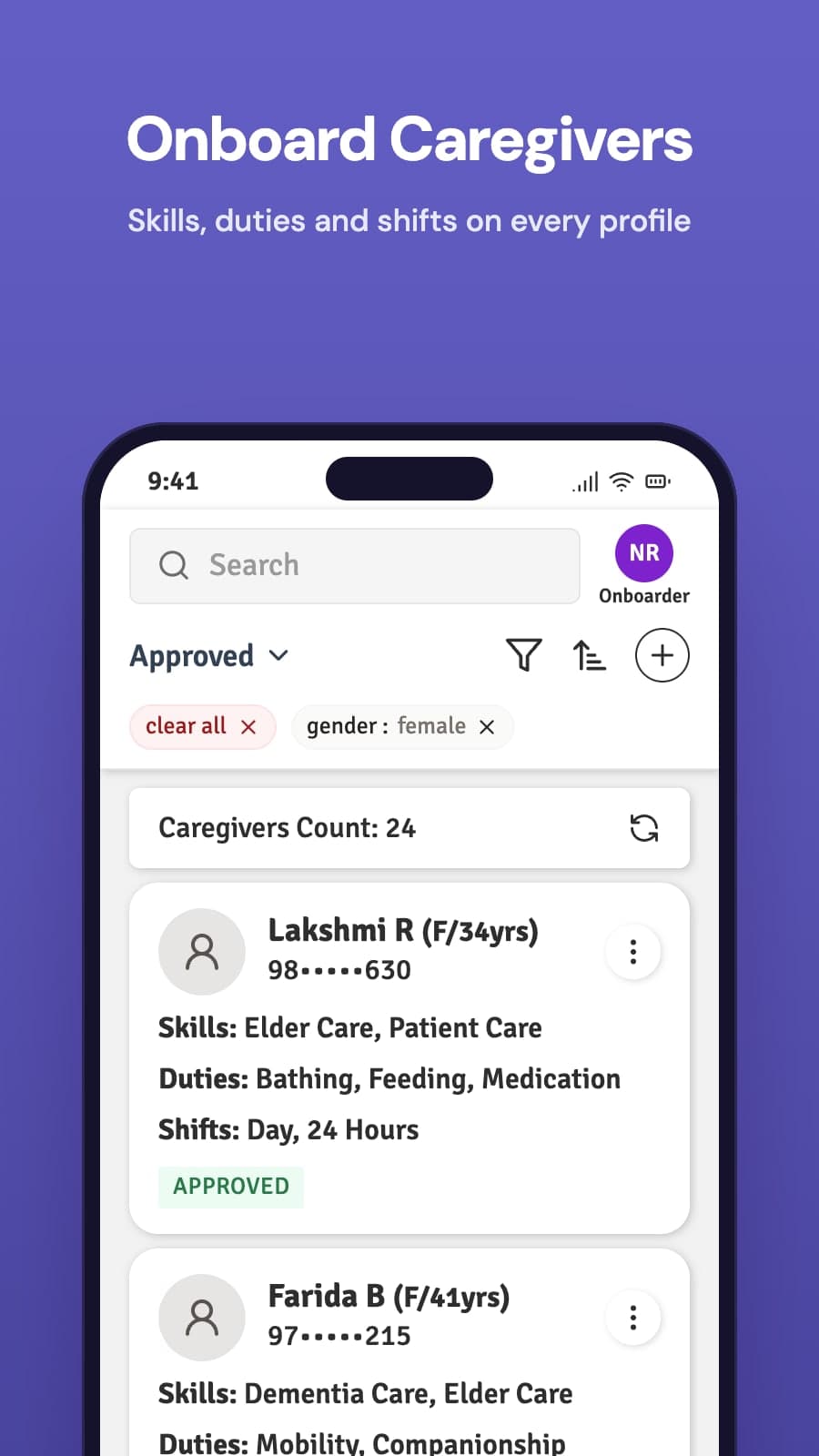 Helpee CRM caregiver profiles with skills, duties and shifts, recreated from the app's code with sample data
