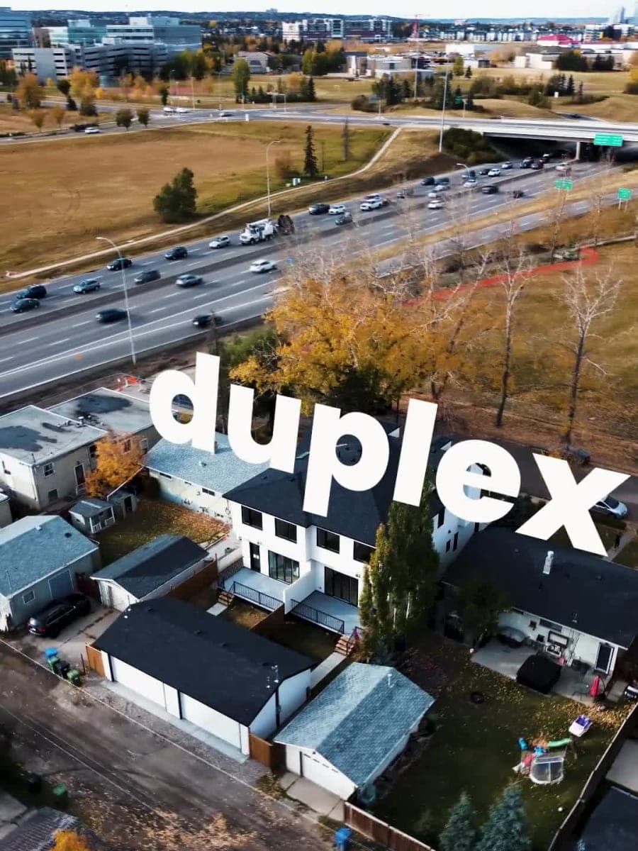Aerial view of a Calgary duplex from a cinematic house tour